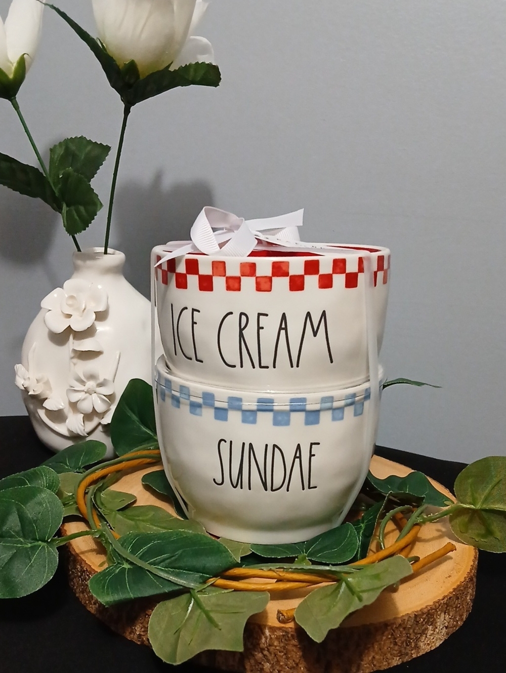 Rae Dunn White Ceramic Ice Cream & Sundae Stackable Bowls with Red and Blue Trim